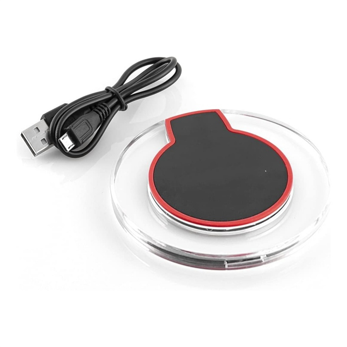 Kabelloses Ladegerät mit USB-Kabel auf weißem Hintergrund.