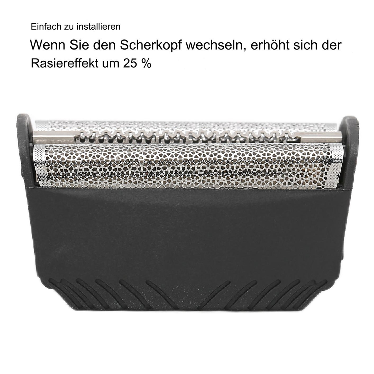 Nahaufnahme eines Rasiererkopfes mit Klingen und einem schwarzen Kunststoffrahmen.