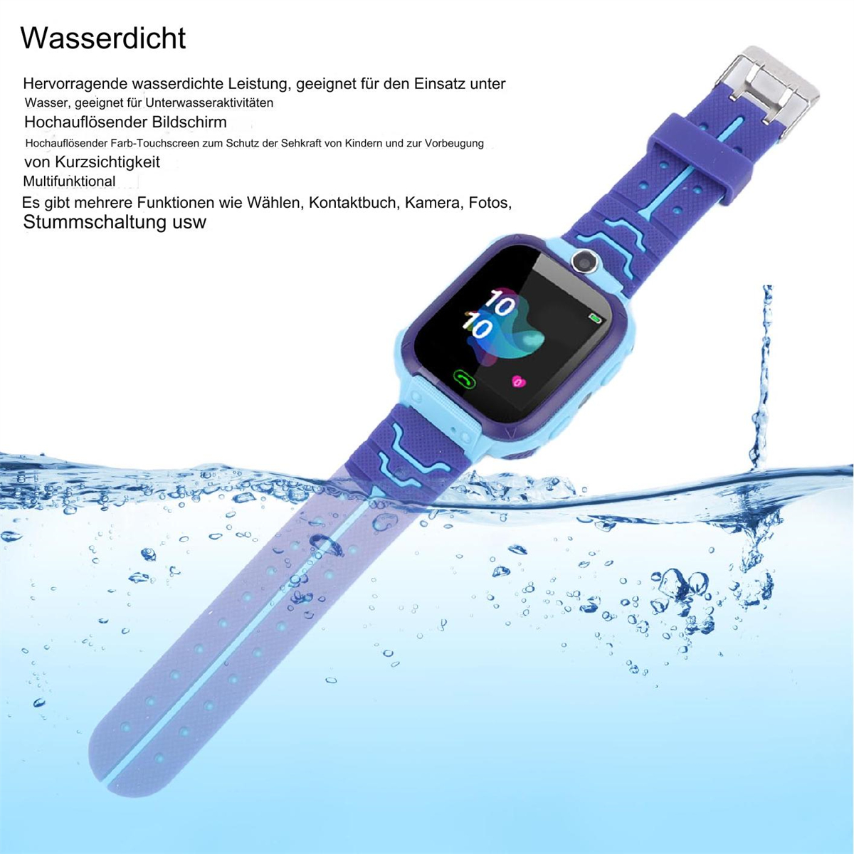 Eine blaue und violette Smartwatch ist in Wasser getaucht. Die Uhr zeigt die Zeit an und hat ein blaues Armband.