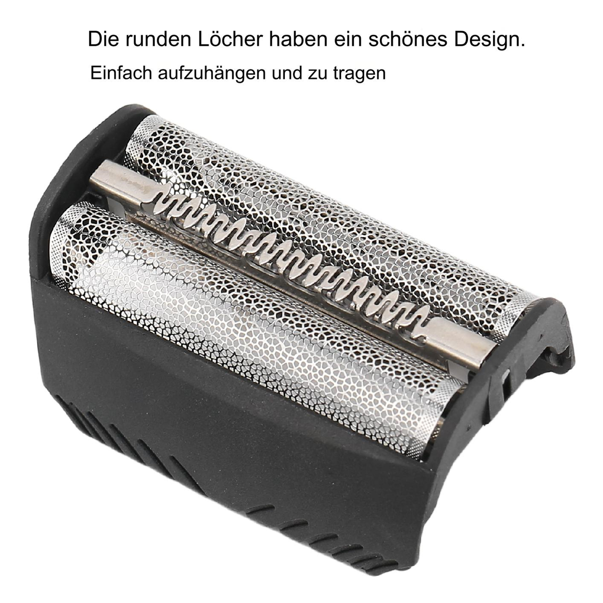 Nahaufnahme eines Rasiererkopfes mit zwei silbernen Klingen und einem schwarzen Rahmen. Das Design ist sichtbar.