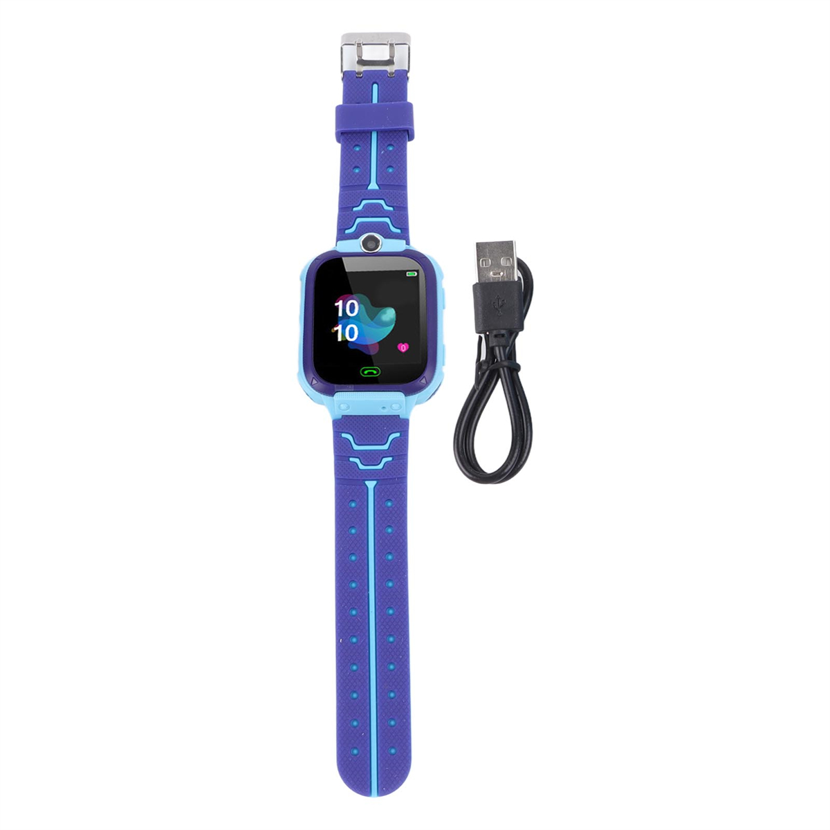 Blaue und violette Smartwatch mit Zeitanzeige. Ein schwarzes USB-Kabel ist mit der Uhr verbunden.
