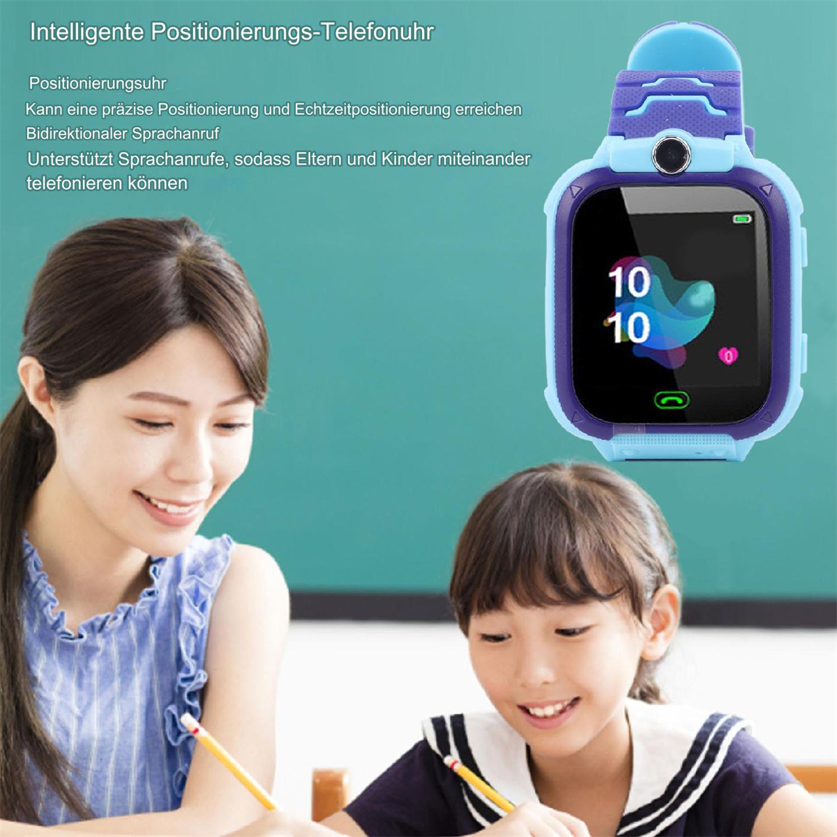 Mutter und Kind mit Smartwatch am Handgelenk. Klassenzimmerumgebung.
