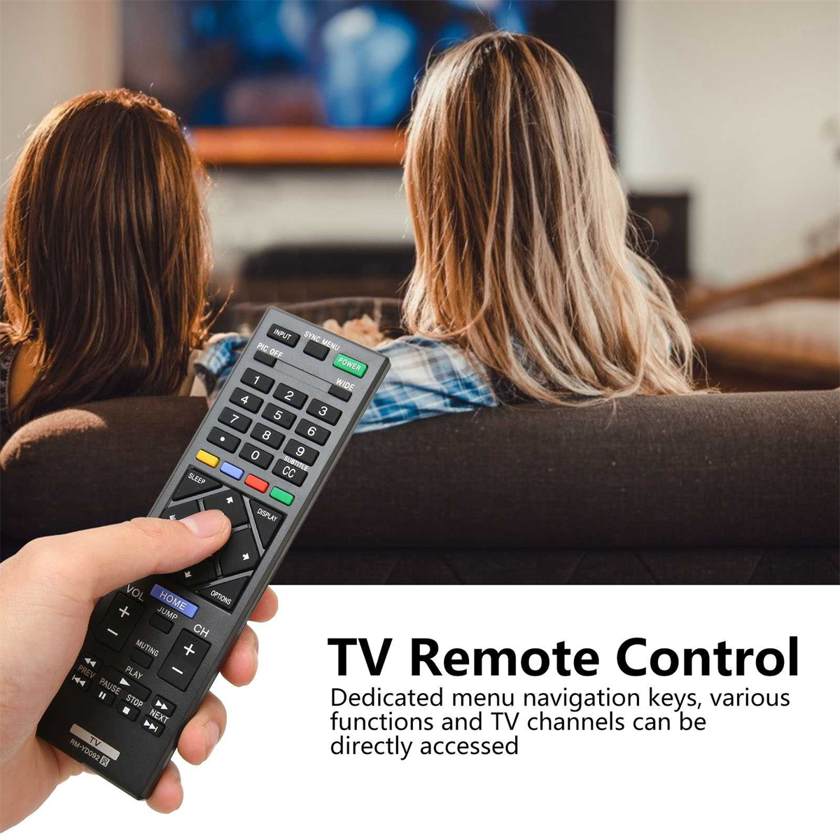 Die Hand einer Person, die eine TV-Fernbedienung hält.
