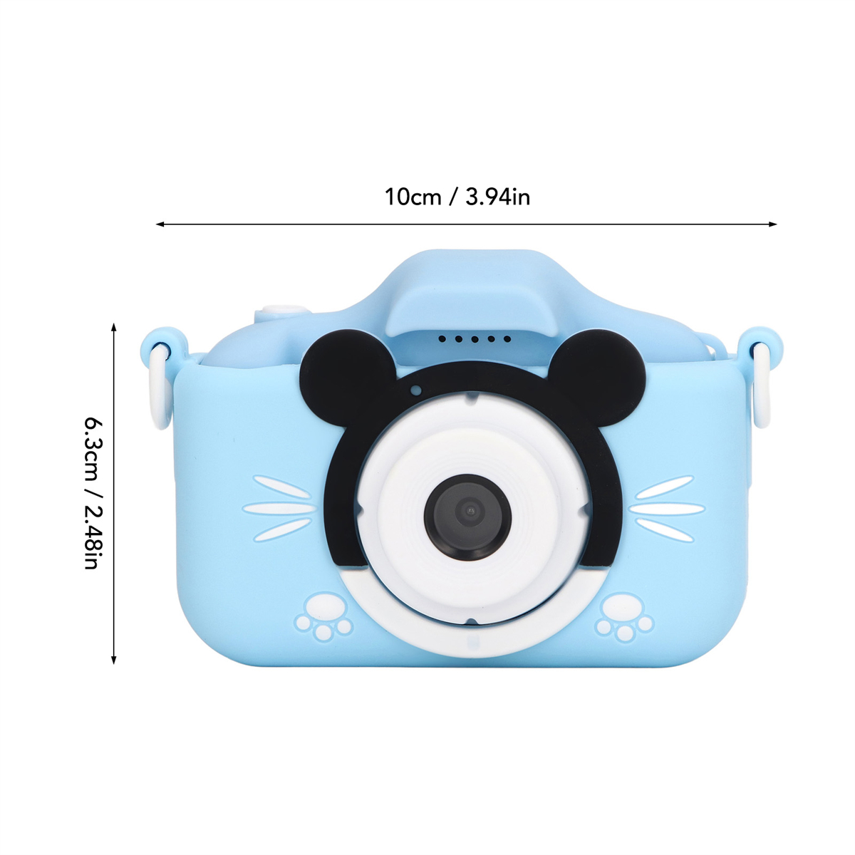 Eine babyblaue Kamera im Katzendesign. Sie ist 10 cm breit und 6,3 cm hoch.