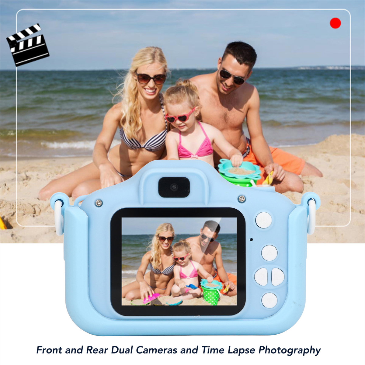 Eine blaue Kamera, die eine Familie am Strand zeigt. Eine Familie ist im Hintergrund.