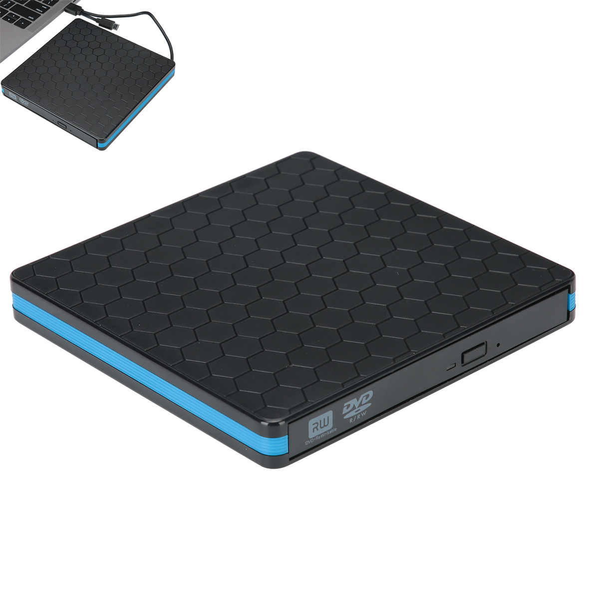 Schwarzes und blaues externes DVD-Laufwerk mit sechseckigem Muster, verbunden mit einem Laptop.
