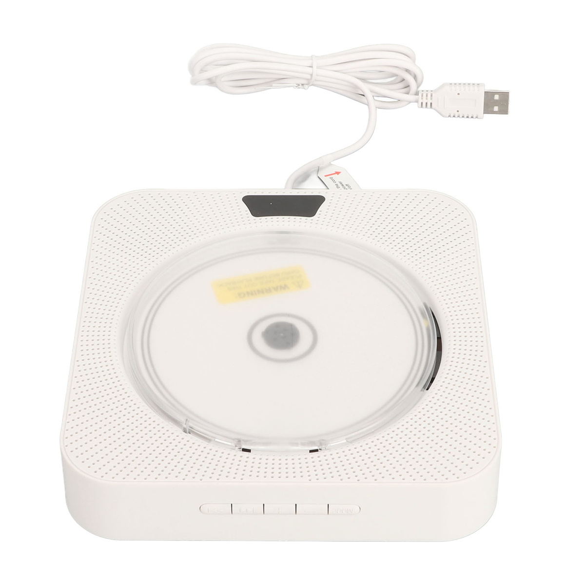 Ein weißer CD-Player mit durchsichtigem Oberteil, USB-Kabel und Bedienelementen auf weißer Oberfläche.