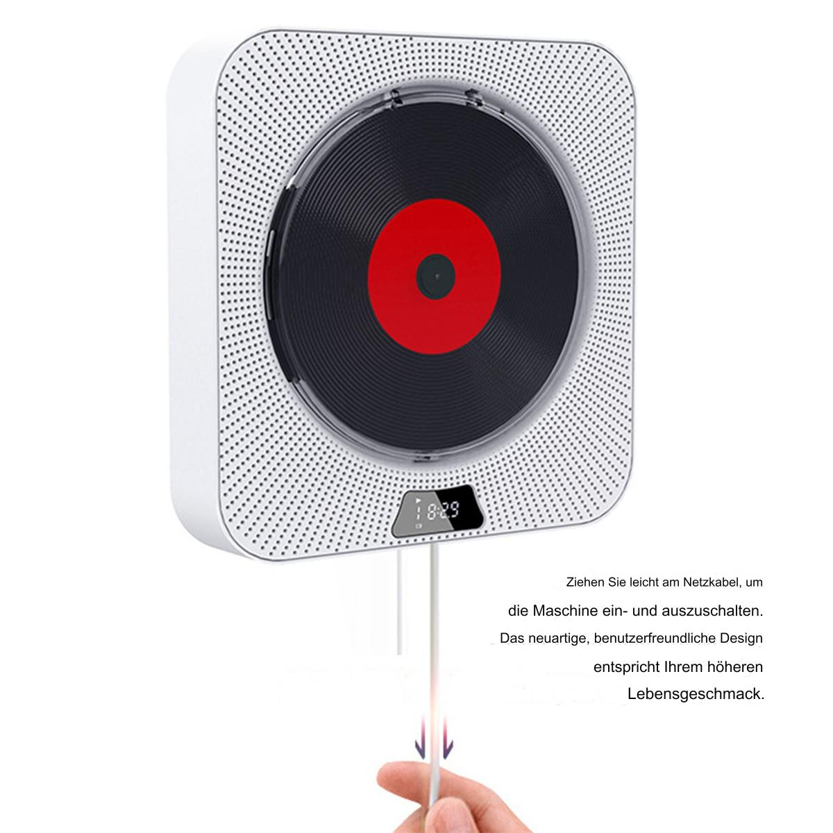 Weißer CD-Player mit roter Mitte und Hand, die Kabel zieht.