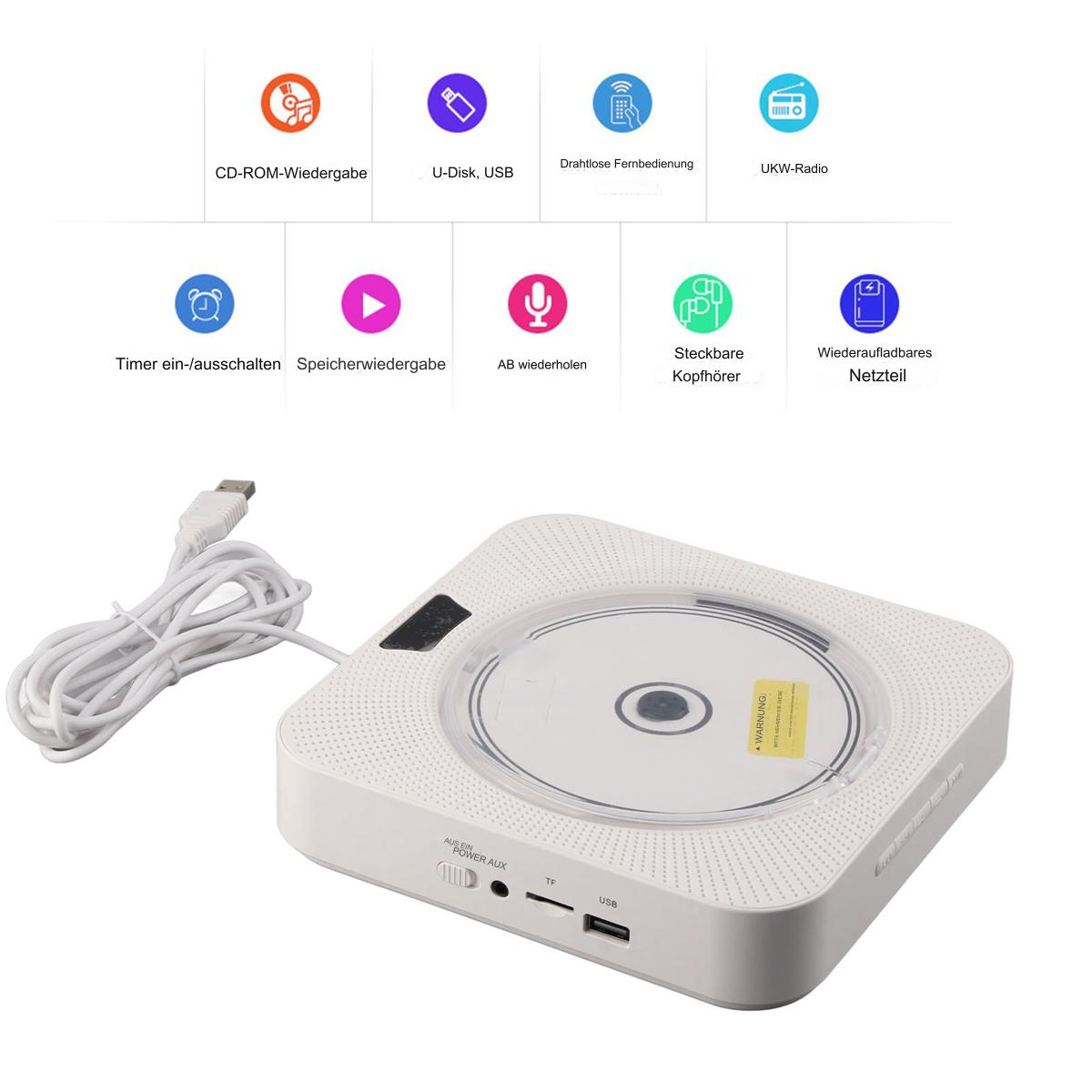 Weißer CD-Player mit USB- und AUX-Anschlüssen. Er hat ein Display und Bedienelemente.