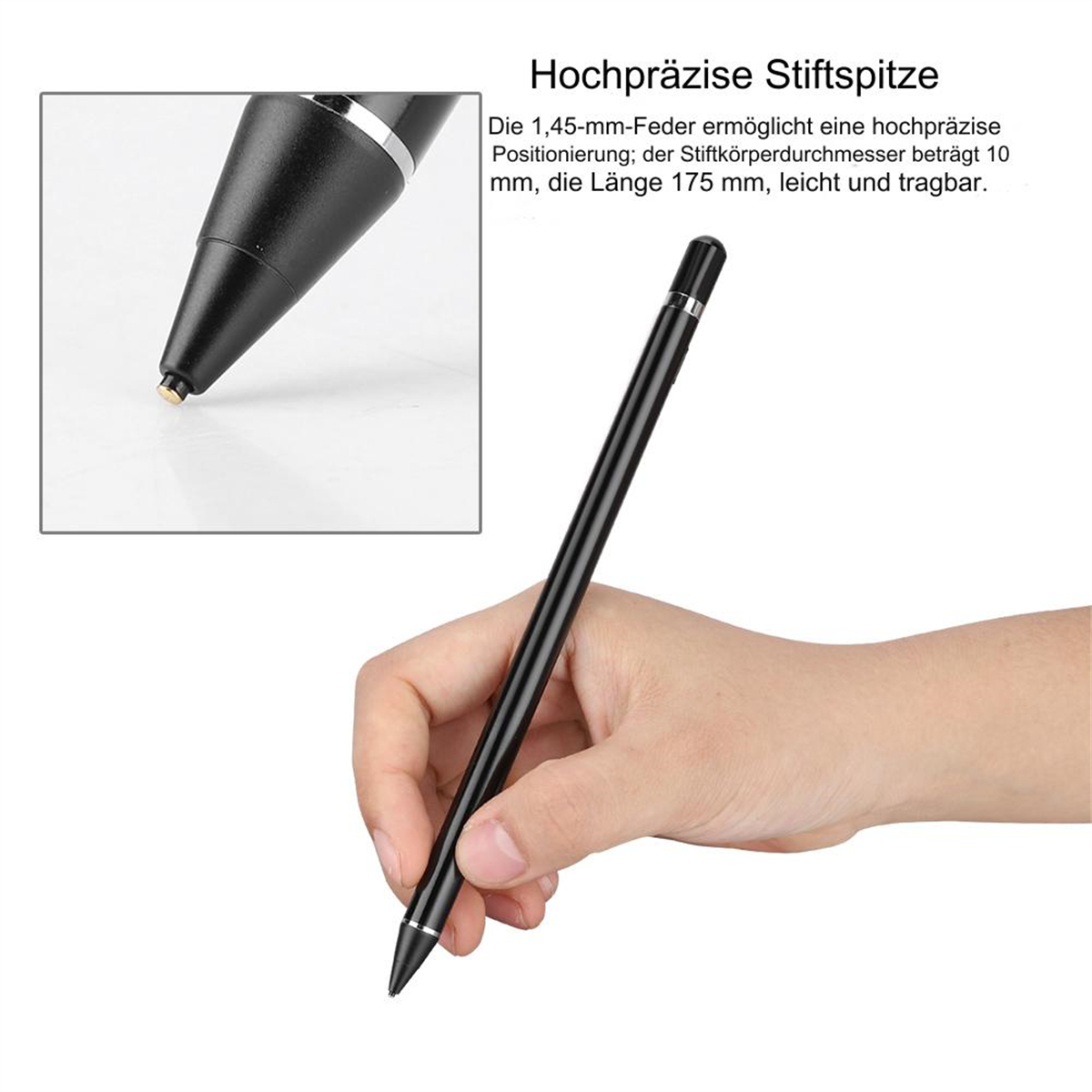 Ein schwarzer Stift, mit Nahaufnahme der Spitze, wird von einer Hand gehalten.
