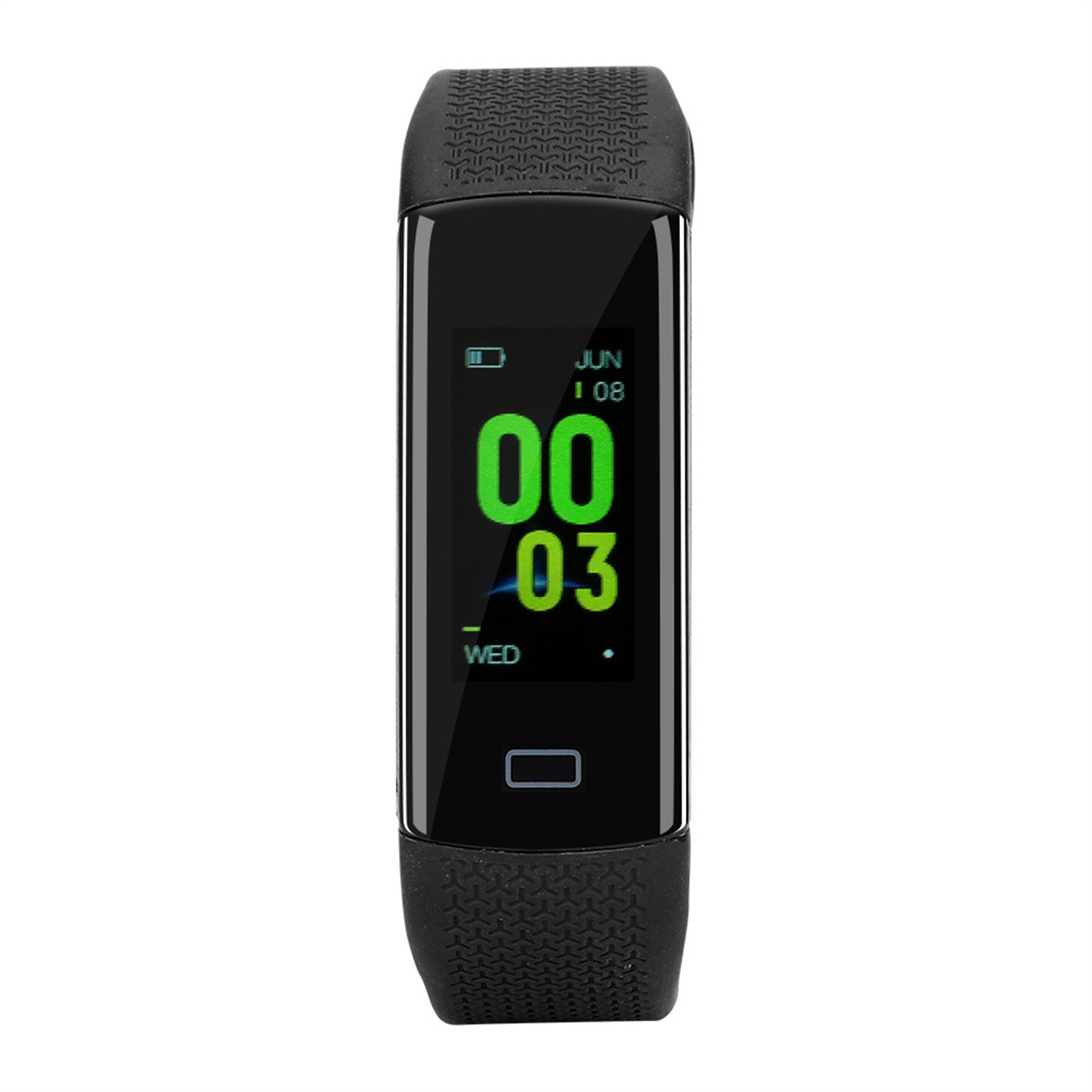 Ein schwarzer Fitnesstracker mit Anzeige von Zeit und Daten.