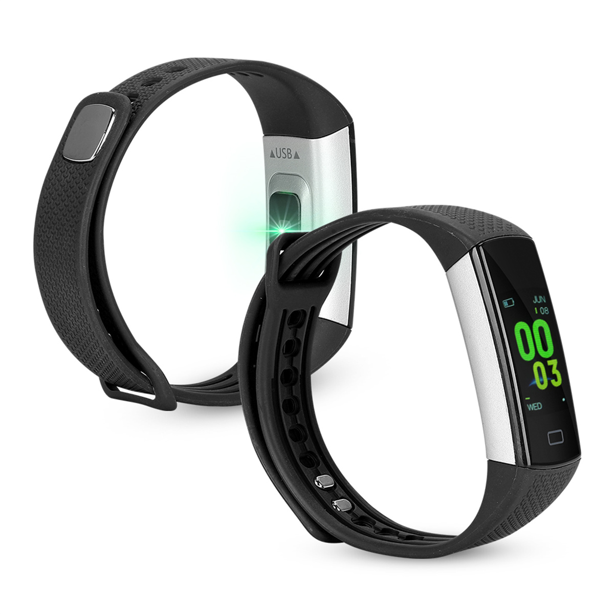 Zwei schwarze Fitness-Tracker. Einer hat einen USB-Anschluss, der andere zeigt ein Display.