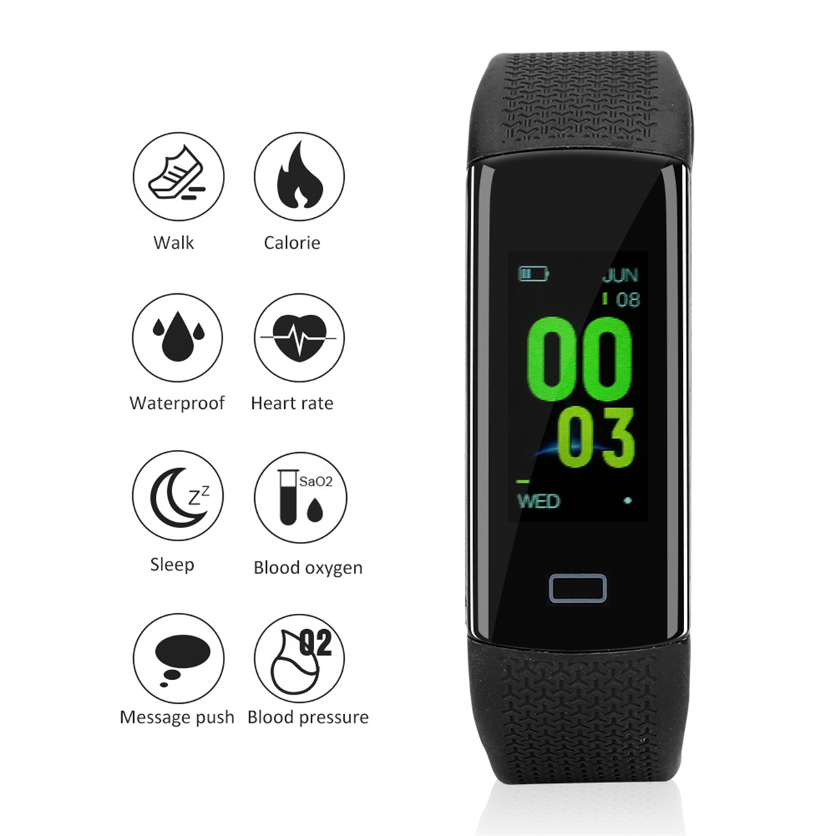 Schwarzer Fitnesstracker mit Bildschirm, der Zeit und Aktivitäts-Icons anzeigt. Zeigt Schlaf, Herzfrequenz etc.