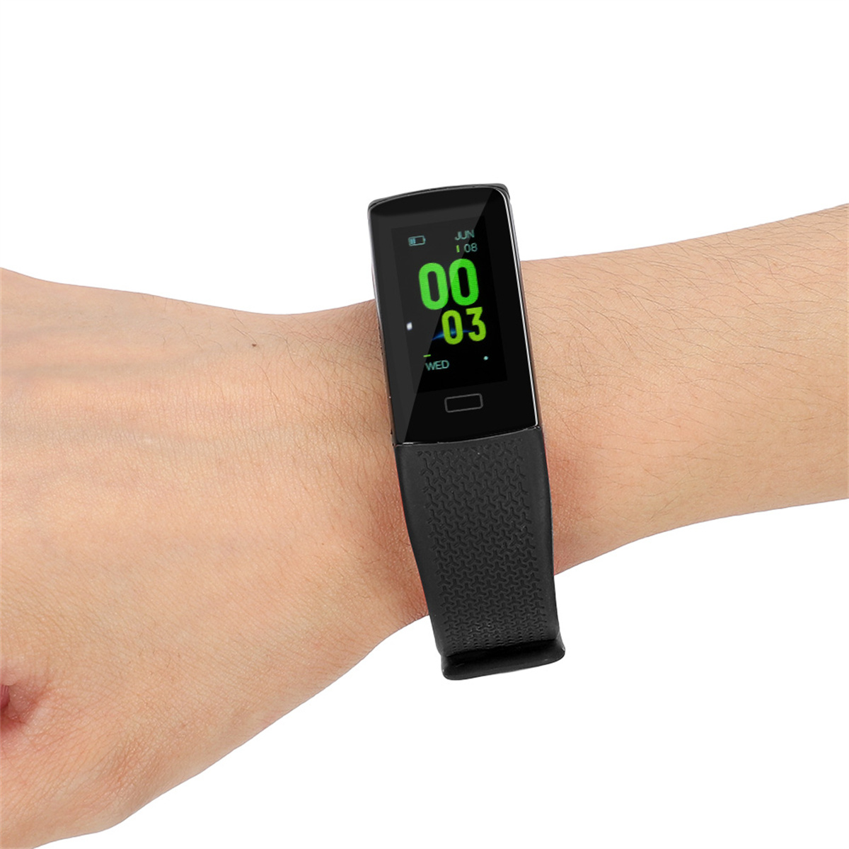 Armband-Smartwatch, die Zeit und Datum auf dem Bildschirm anzeigt.