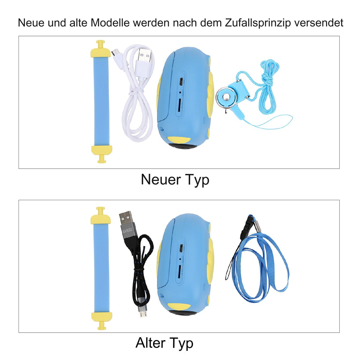 Zwei blaue Spielzeugkameras, Zubehör und Text. Eine mit 'Neuer Typ', die andere 'Alter Typ'.