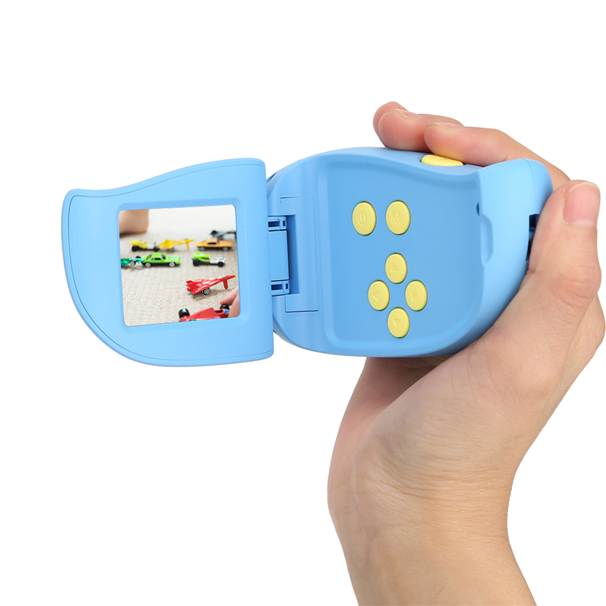 Eine blaue Camcorder, die von einer Hand gehalten wird. Das Display zeigt Spielzeugflugzeuge. Gelbe Knöpfe sind sichtbar.