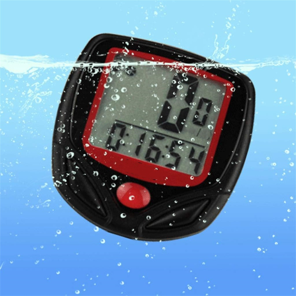 Schwarzer und roter Fahrradcomputer unter Wasser, zeigt Zeit und Distanz an.