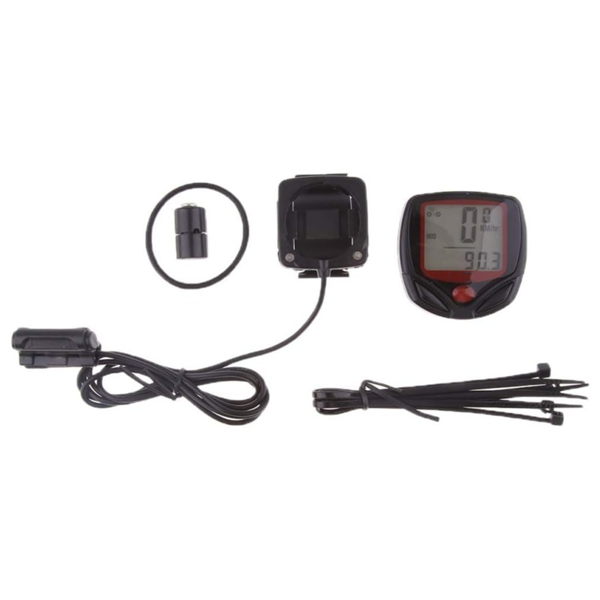 Fahrradcomputer, Batterie, Sensor und Kabelbinder, alles auf weißer Oberfläche.