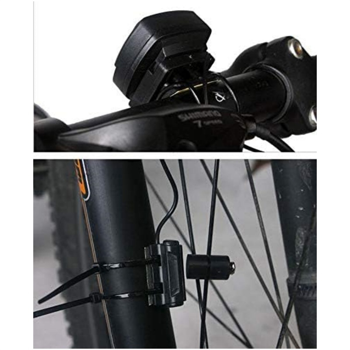 Fahrradlicht- und Sensor-Komponenten an einem Fahrrad montiert, schwarze Komponenten.