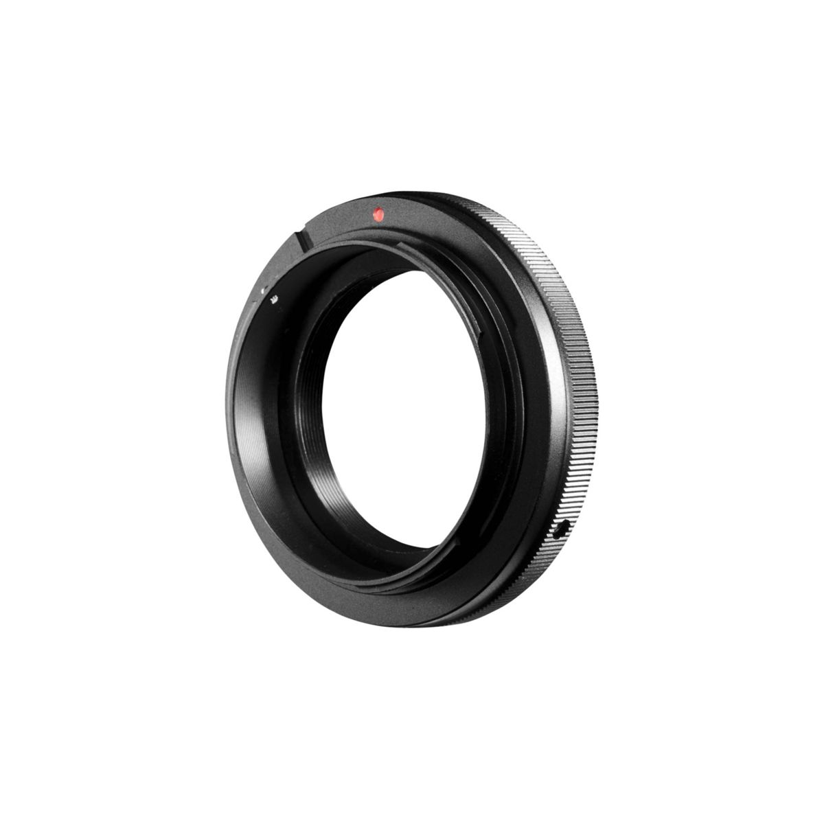 Schwarzer Kameraobjektivadapterring mit rotem Punkt und kreisförmigem Design.