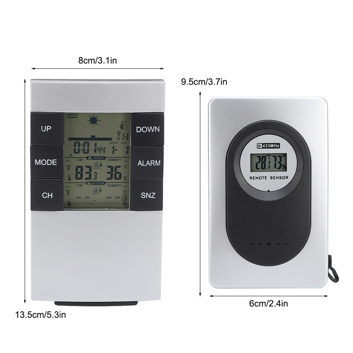 Ein Thermometer mit Fernsensor. Es zeigt Temperatur, Luftfeuchtigkeit und Zeit an.