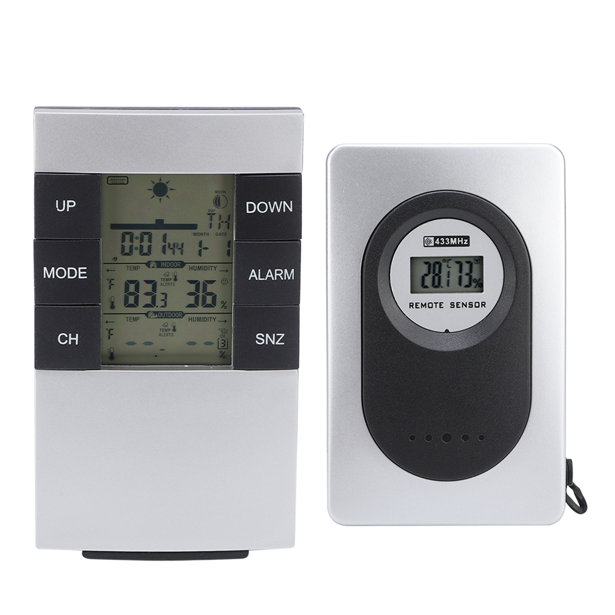 Digitale Wetterstation mit separaten Innen- und Außeneinheiten. Anzeigen von Messwerten.