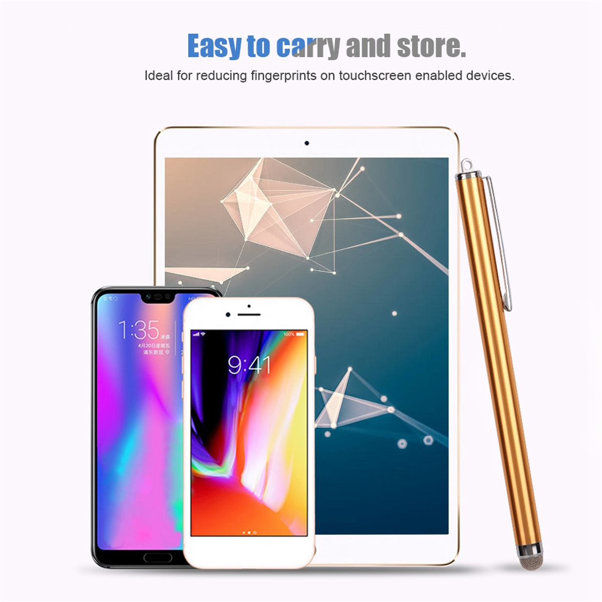 Das Bild zeigt drei Smartphones, ein Tablet und einen goldenen Stift. Alles auf weißem Hintergrund.