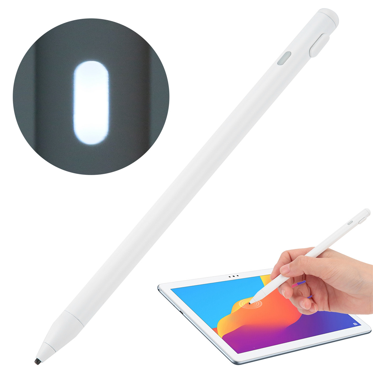 Ein weißer Stift mit einem Tablet, das einen bunten Hintergrund zeigt. Nahaufnahme der Stiftspitze.