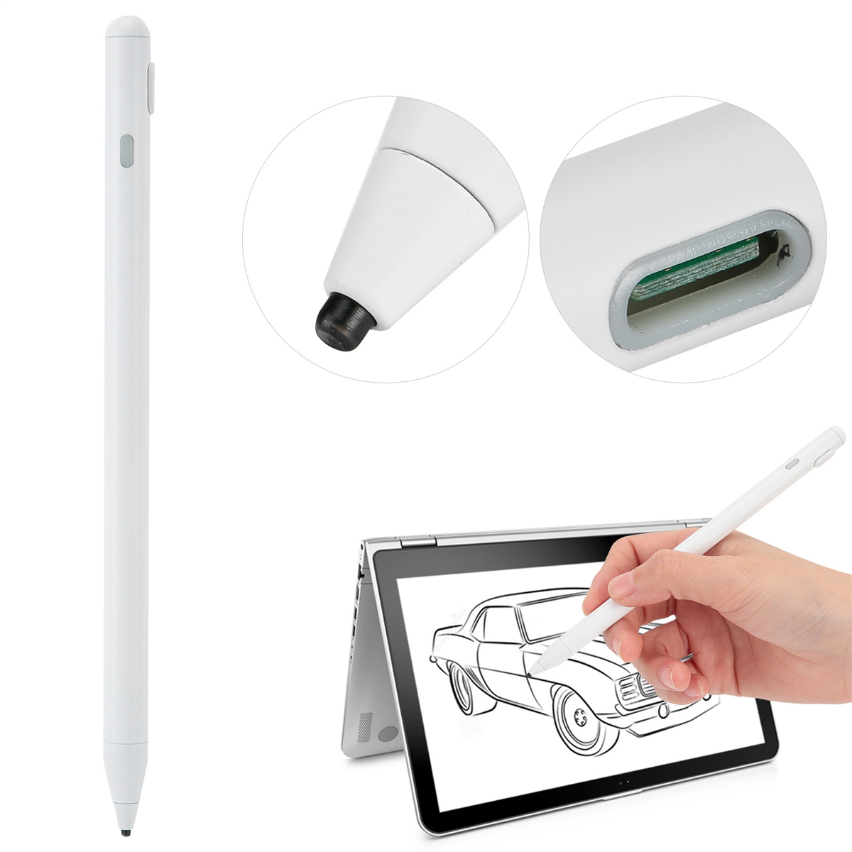 Ein weißer Stift mit einem Tablet. Der Stift wird aus verschiedenen Winkeln gezeigt.