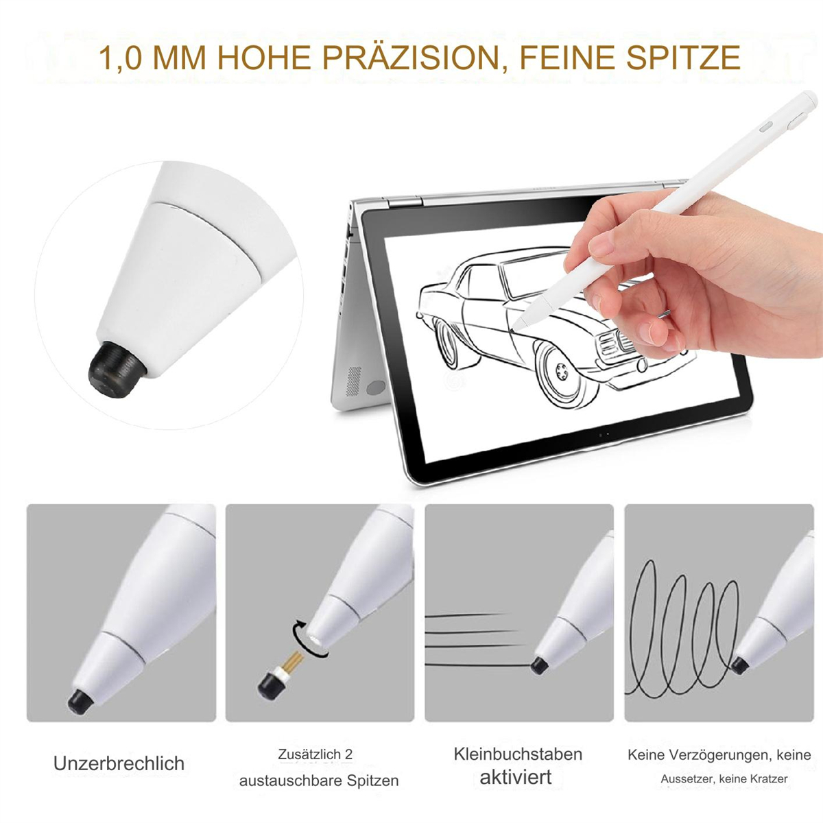 Eine Hand, die einen weißen Stift hält, mit einer Zeichnung eines Autos auf einem Tablet.