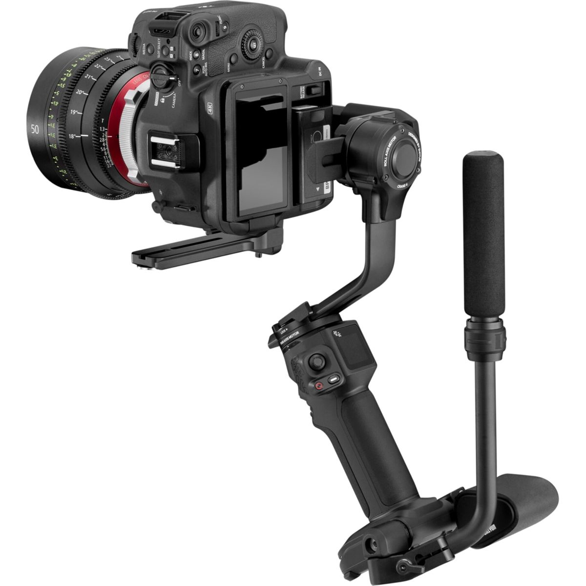 Professionelle Kamera auf einem Gimbal-Stabilisator, schwarzer Griff, schräge Ansicht.