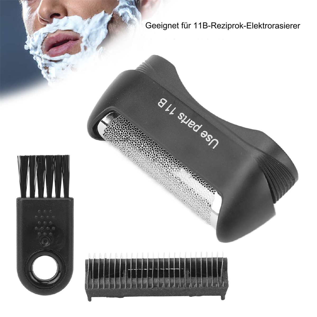 Ein Rasierkopf mit Ersatzklinge und Bürste, mit Rasierschaum und Gesicht.