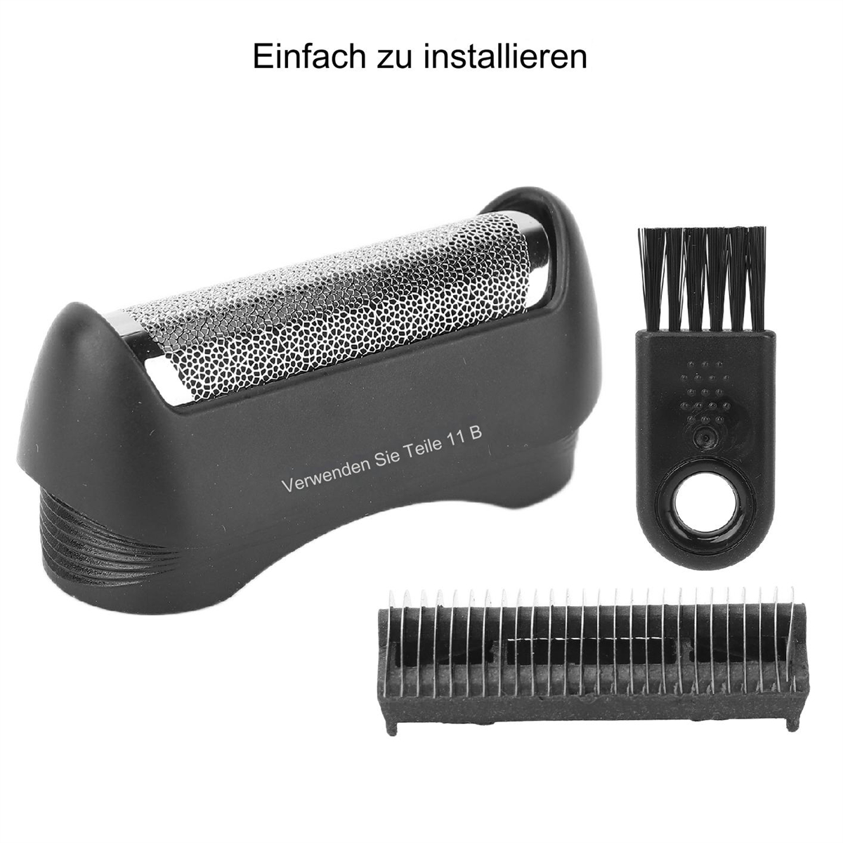 Elektrischer Rasiererkopf, Ersatzteile und eine Reinigungsbürste. Text sagt: Einfach zu installieren.