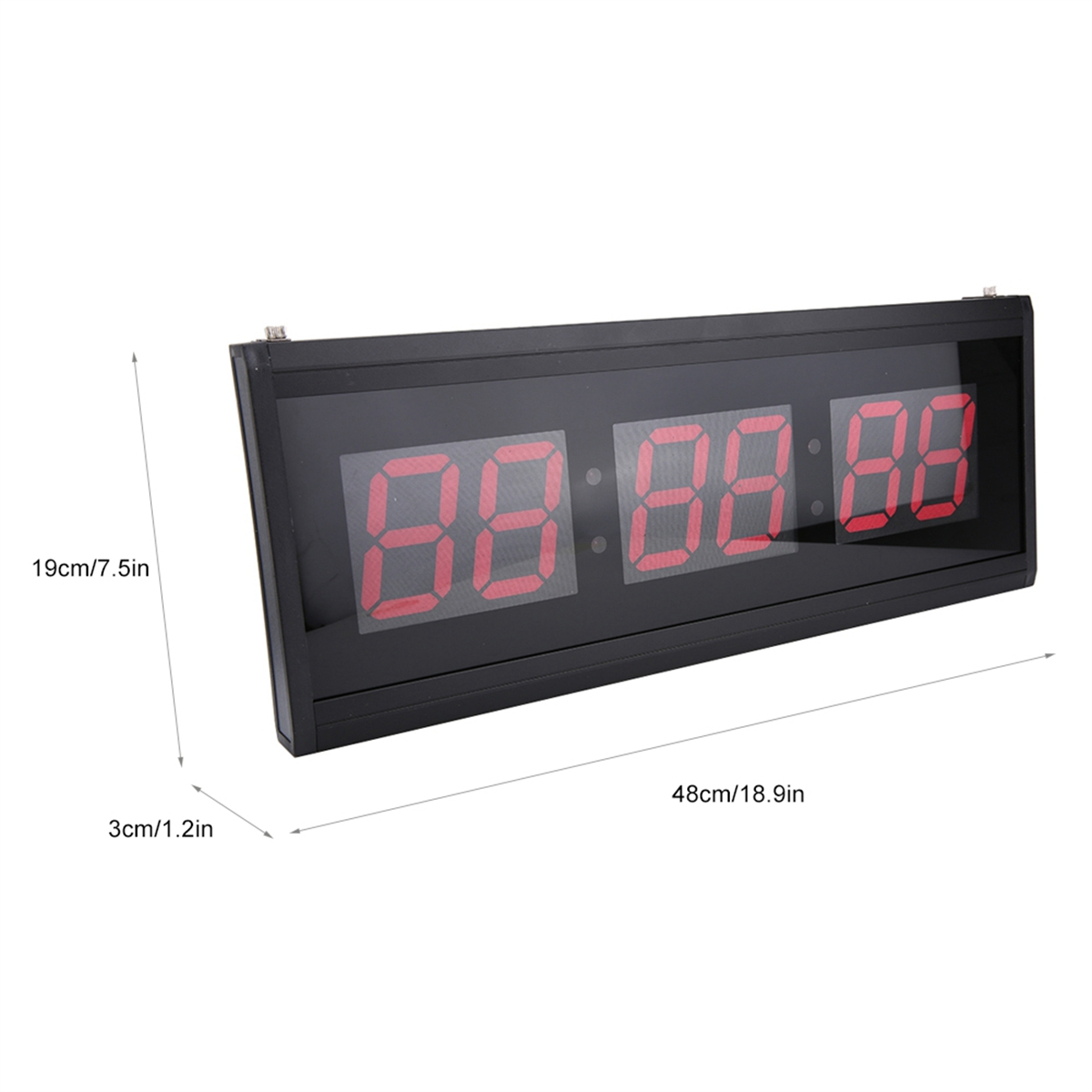 Schwarze Digitaluhr mit roten Ziffern, mit Abmessungen.