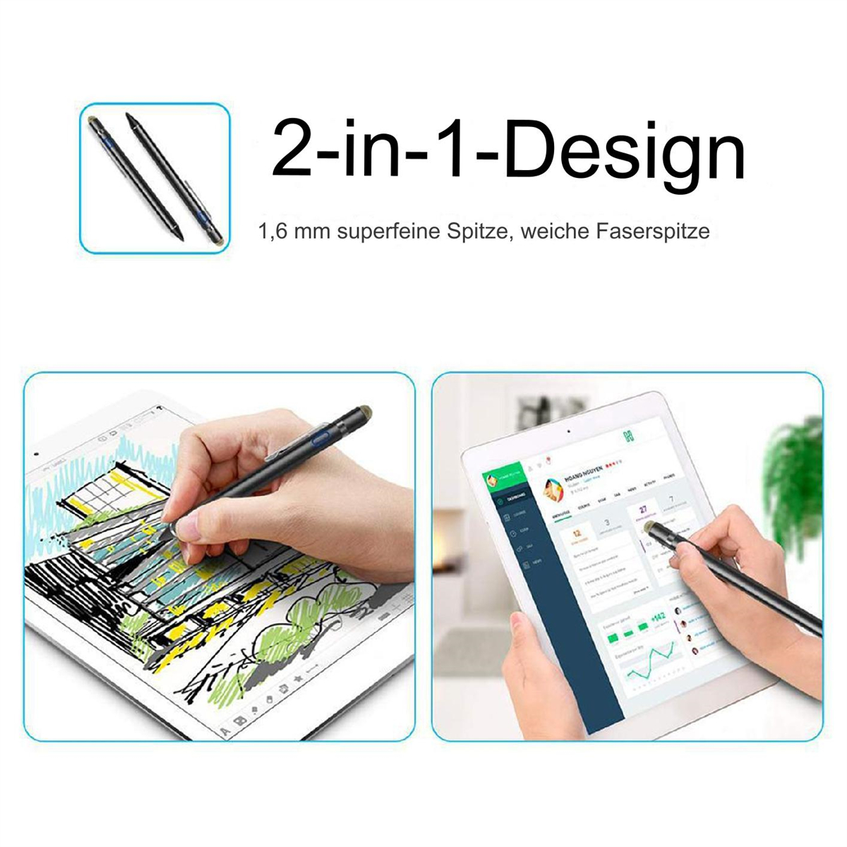 Zwei Stiftstifte und Tablets in Gebrauch. Eines zeigt ein Diagramm, das andere eine leere Seite.