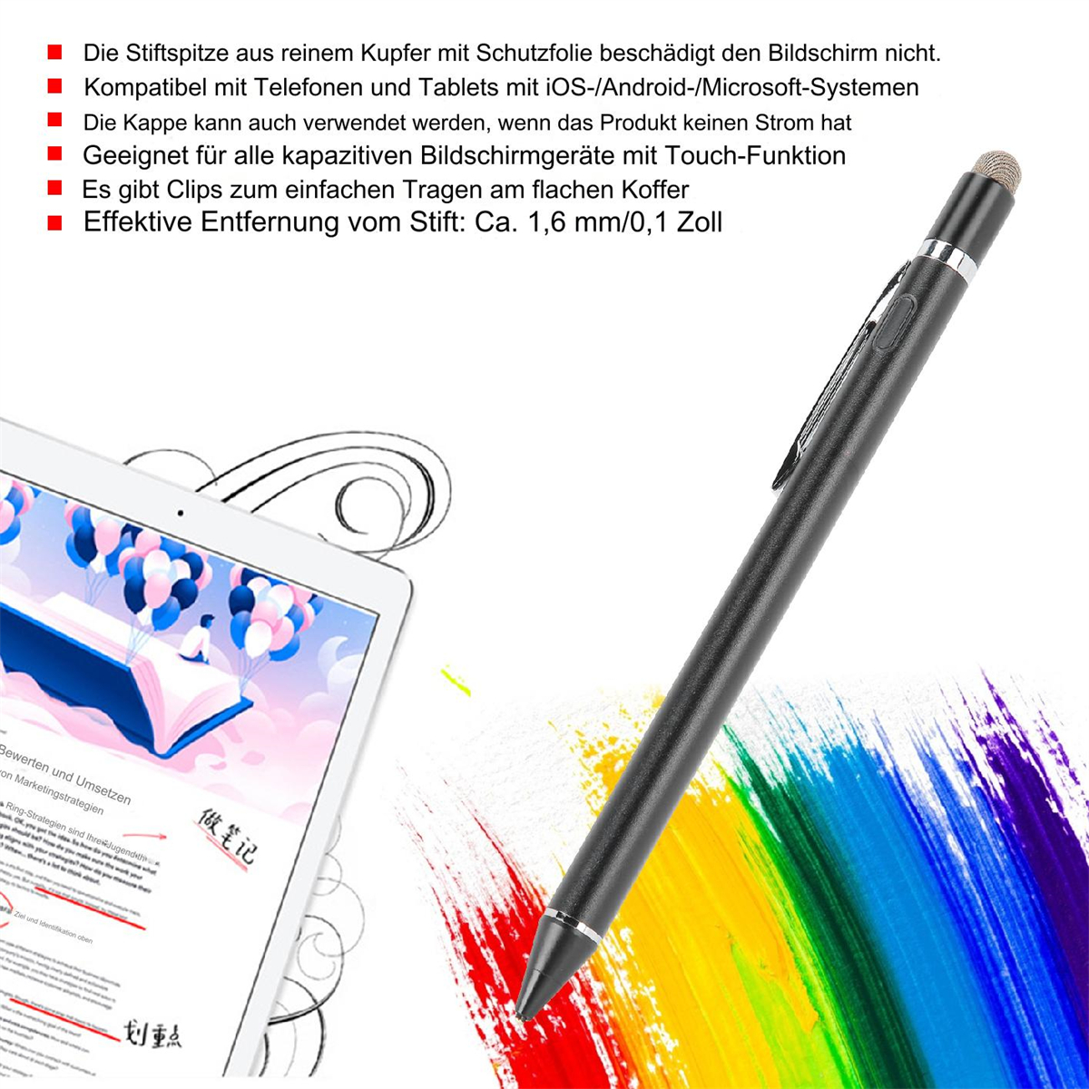 Ein Stift mit Tablet und Regenbogenhintergrund, der ein Designkonzept zeigt.