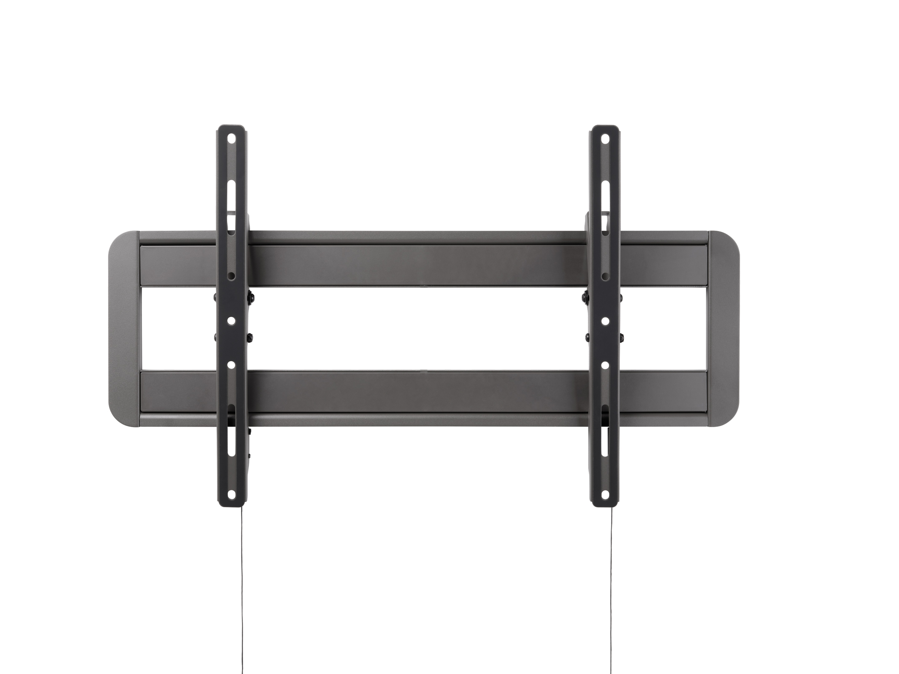 Un support TV en métal, avec des supports de montage noirs pour fixer un téléviseur. Sur fond blanc.