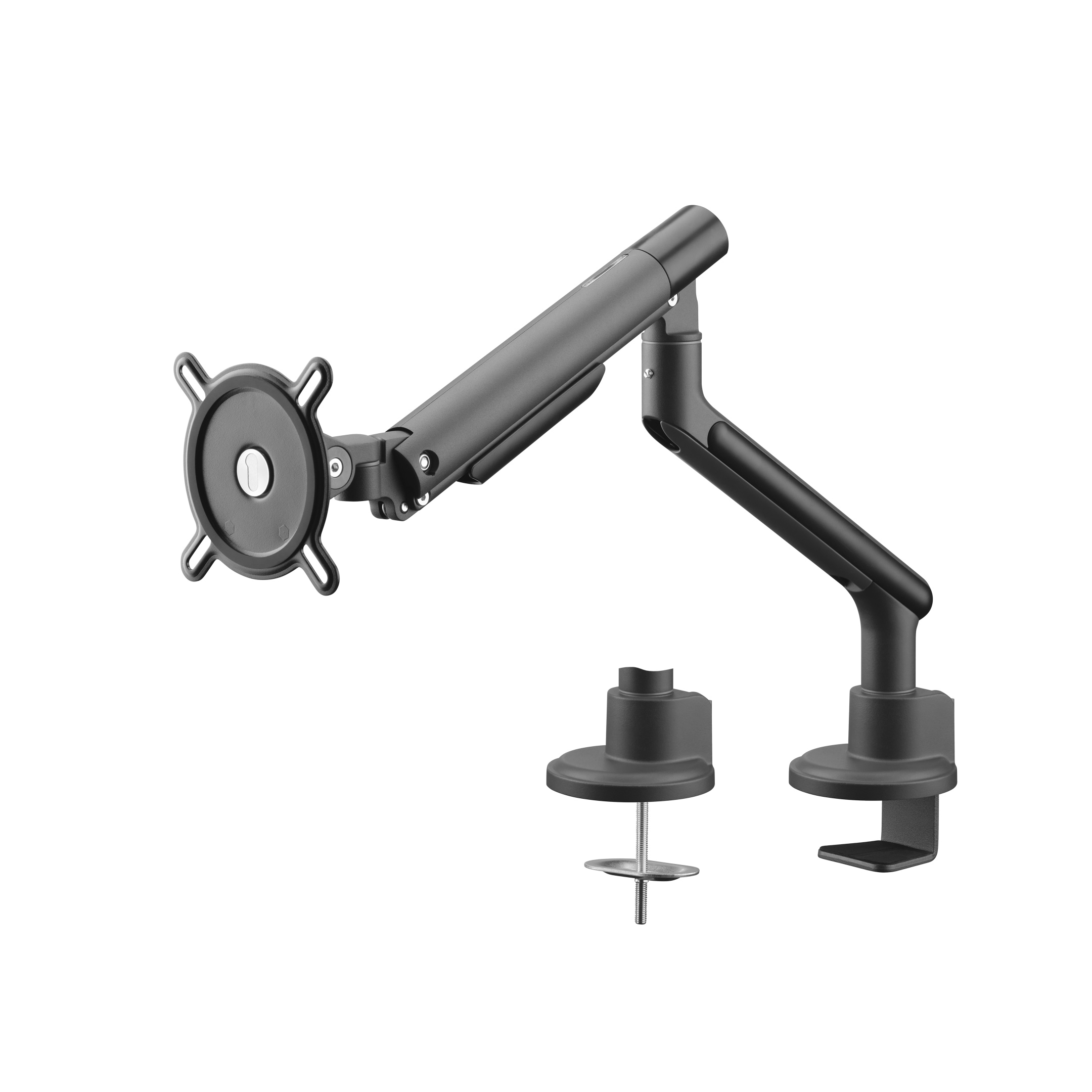 Een zwarte monitorarm voor een bureau, op een witte achtergrond. De arm is uitgeschoven.