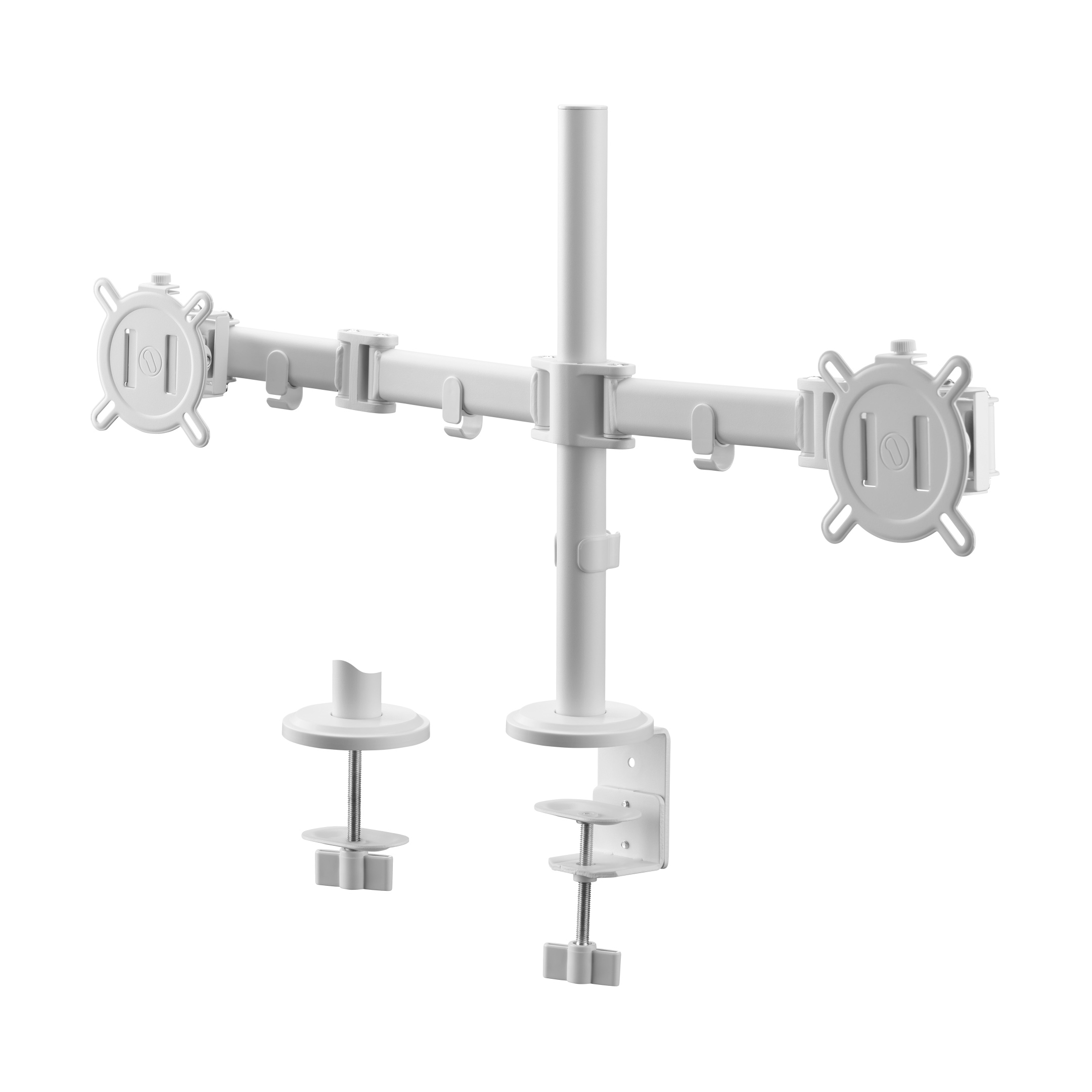 Biały uchwyt na dwa monitory na białym tle. Ma ramiona i zacisk.