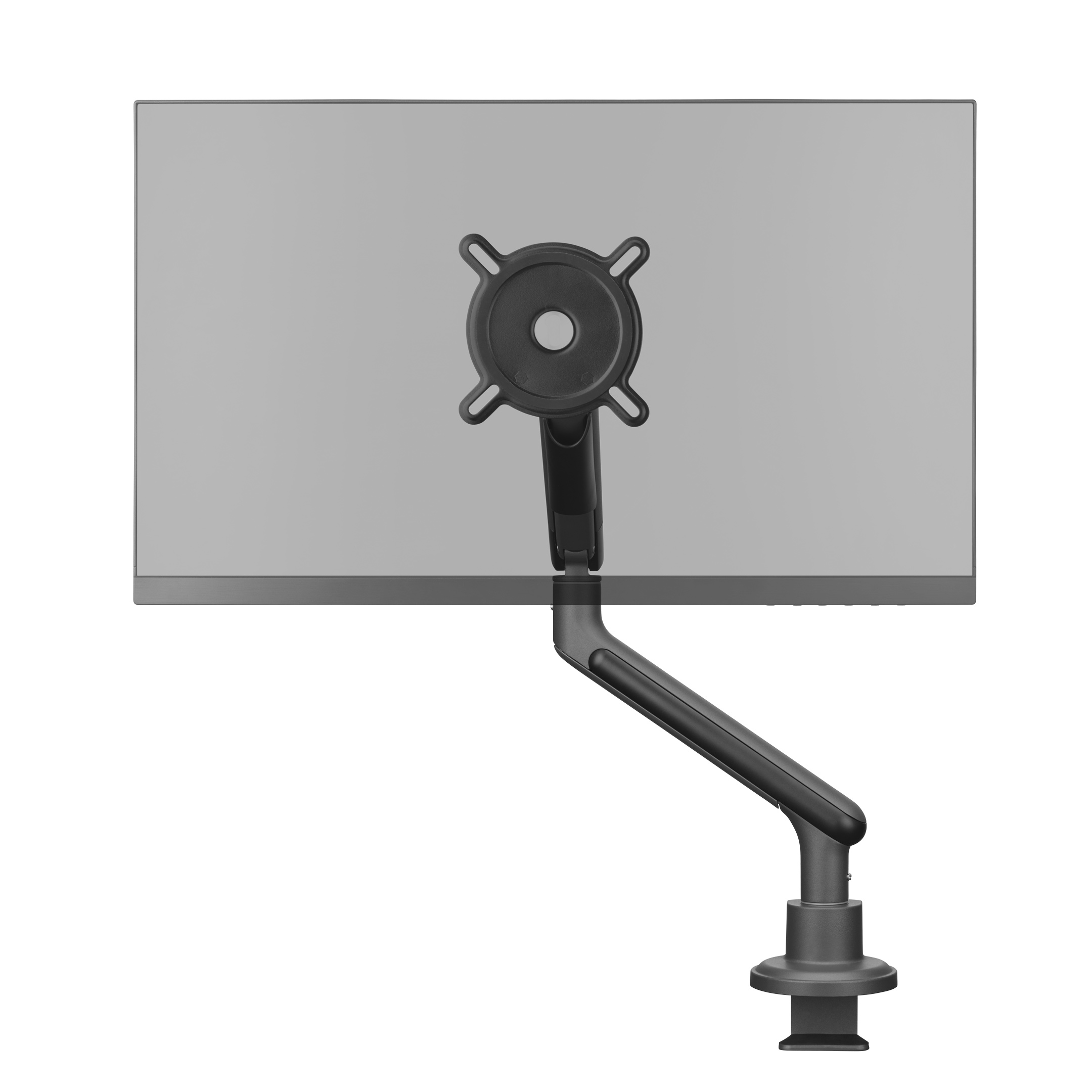 Monitorbevestiging met aangesloten monitor, zwarte arm en klem.
