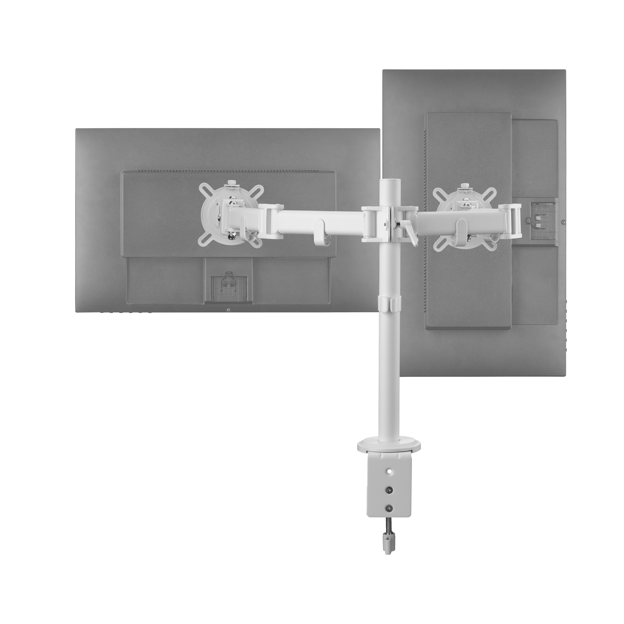 Widok z tyłu dwóch monitorów komputerowych zamontowanych na białym stojaku. Stojak jest połączony z zaciskiem biurkowym.