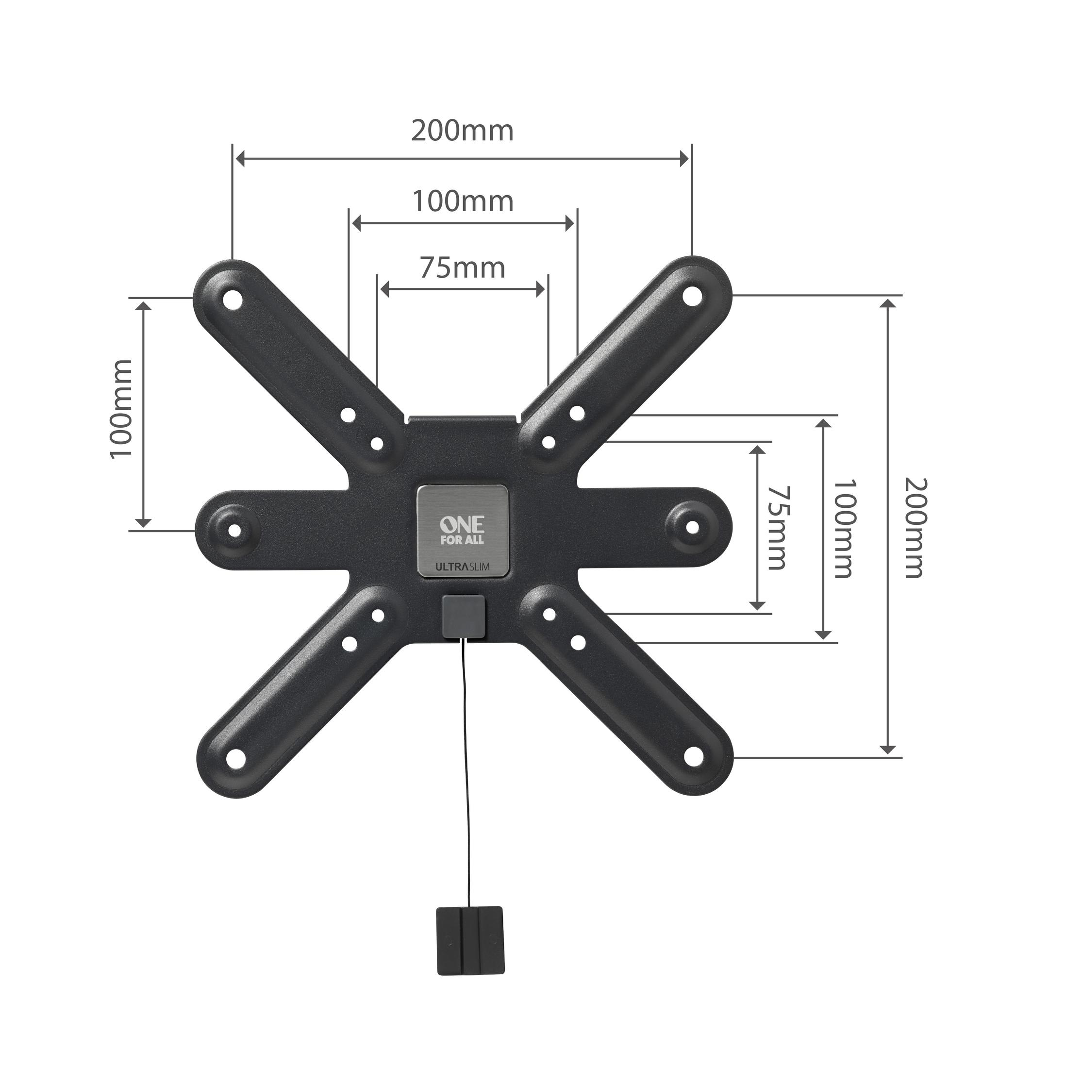 A black TV wall mount with dimensions marked in mm, against a white background.