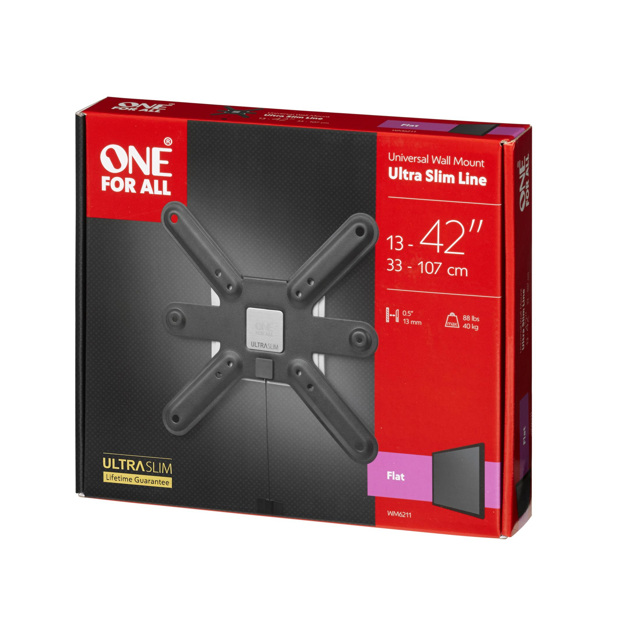 Red and black box with a TV wall mount inside. Text on the box.