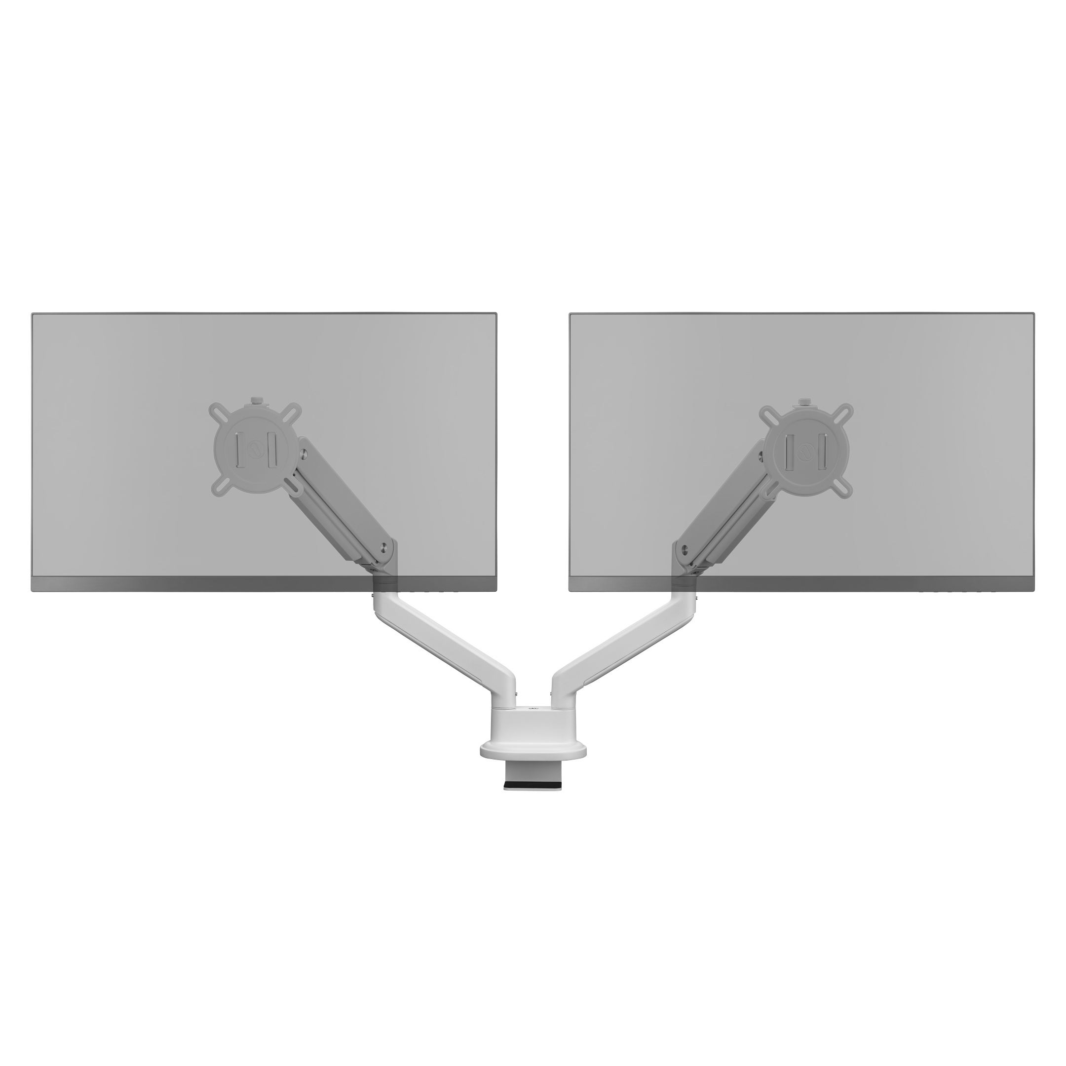 Dwa monitory komputerowe zamontowane na białym ramieniu, z podstawą zaciskową.