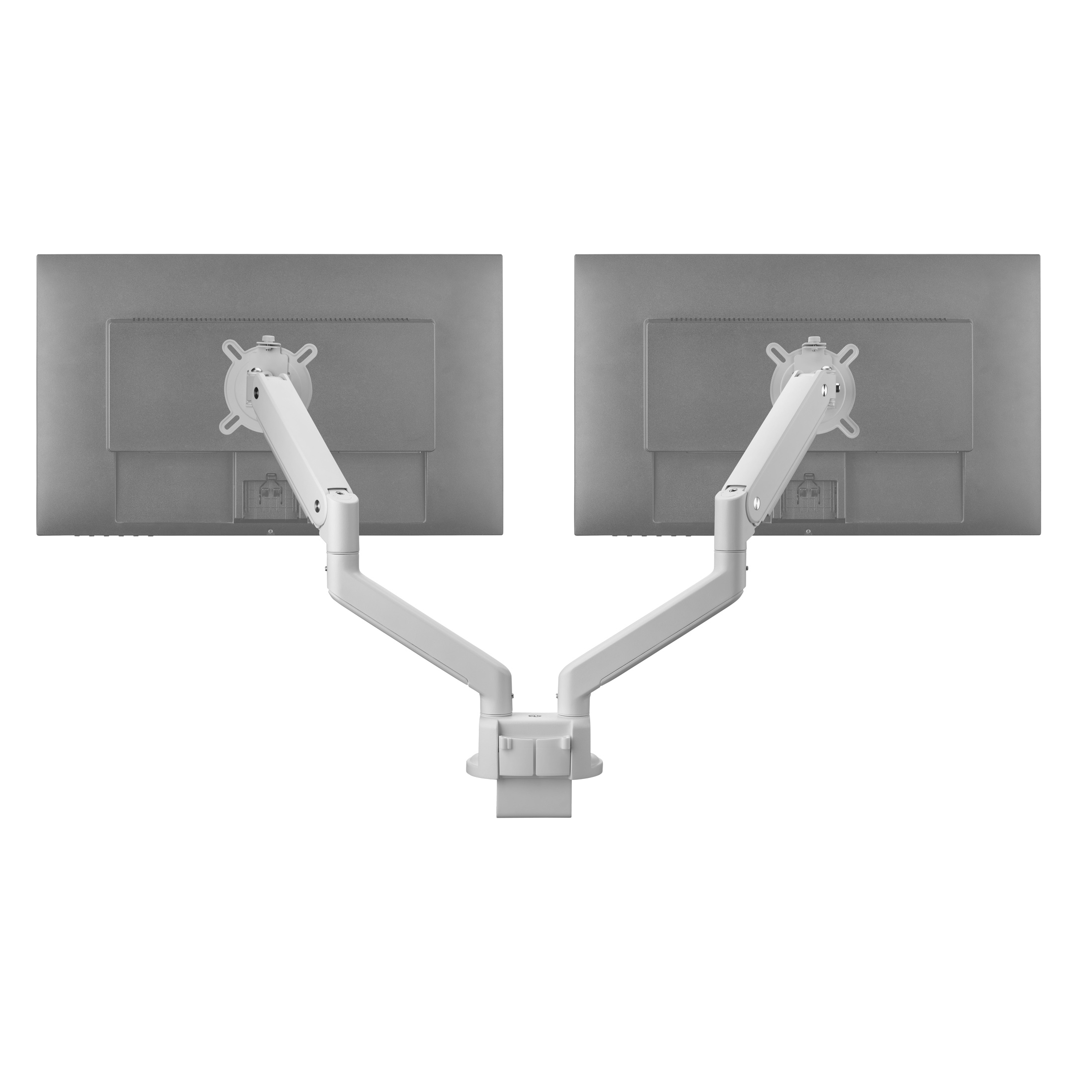 Dwa monitory komputerowe zamontowane na białym ramieniu, widok z tyłu. Ramiona rozciągają się z centralnej podstawy.