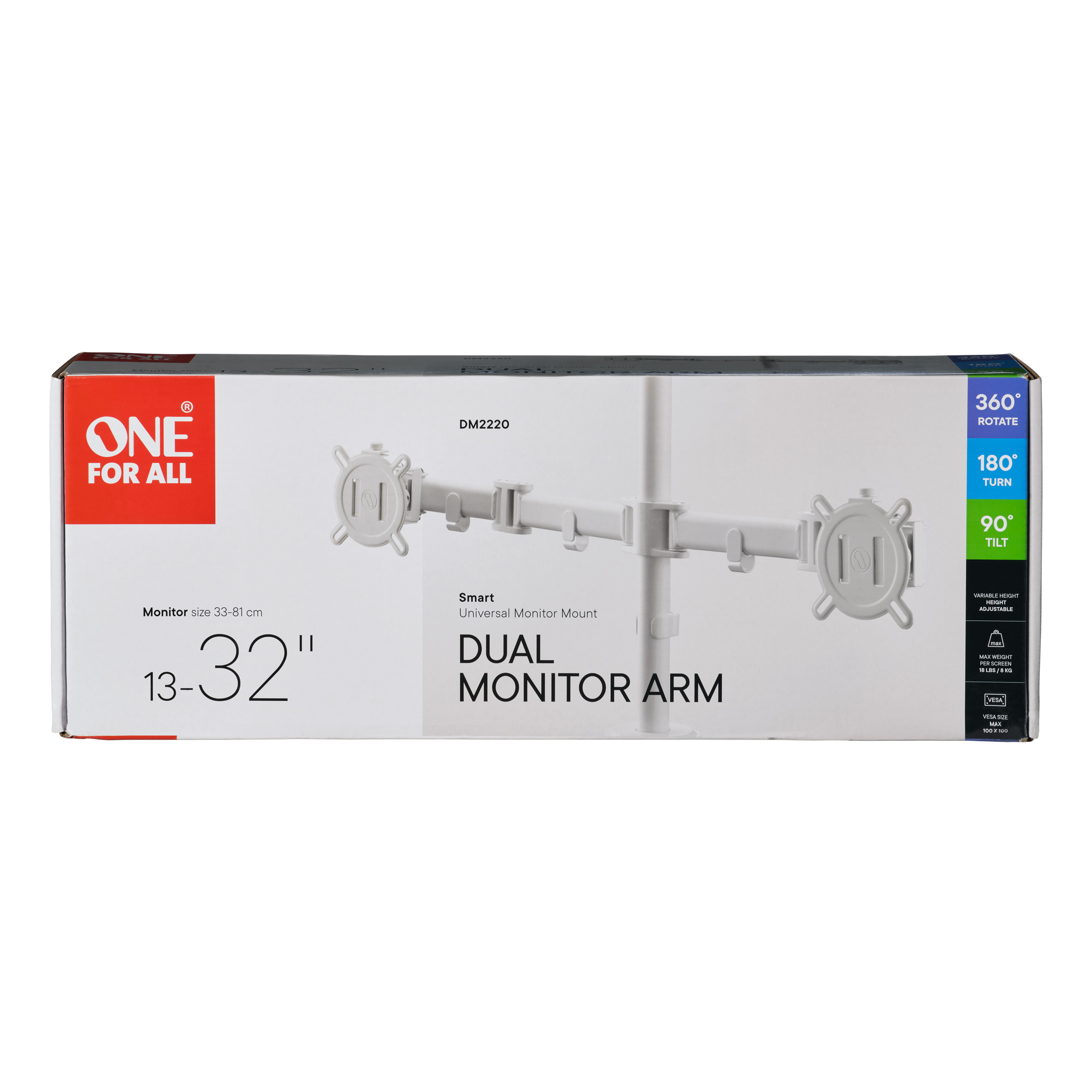Pudełko z ramieniem do dwóch monitorów. Tekst: 'ONE FOR ALL' i 'DUAL MONITOR ARM'.