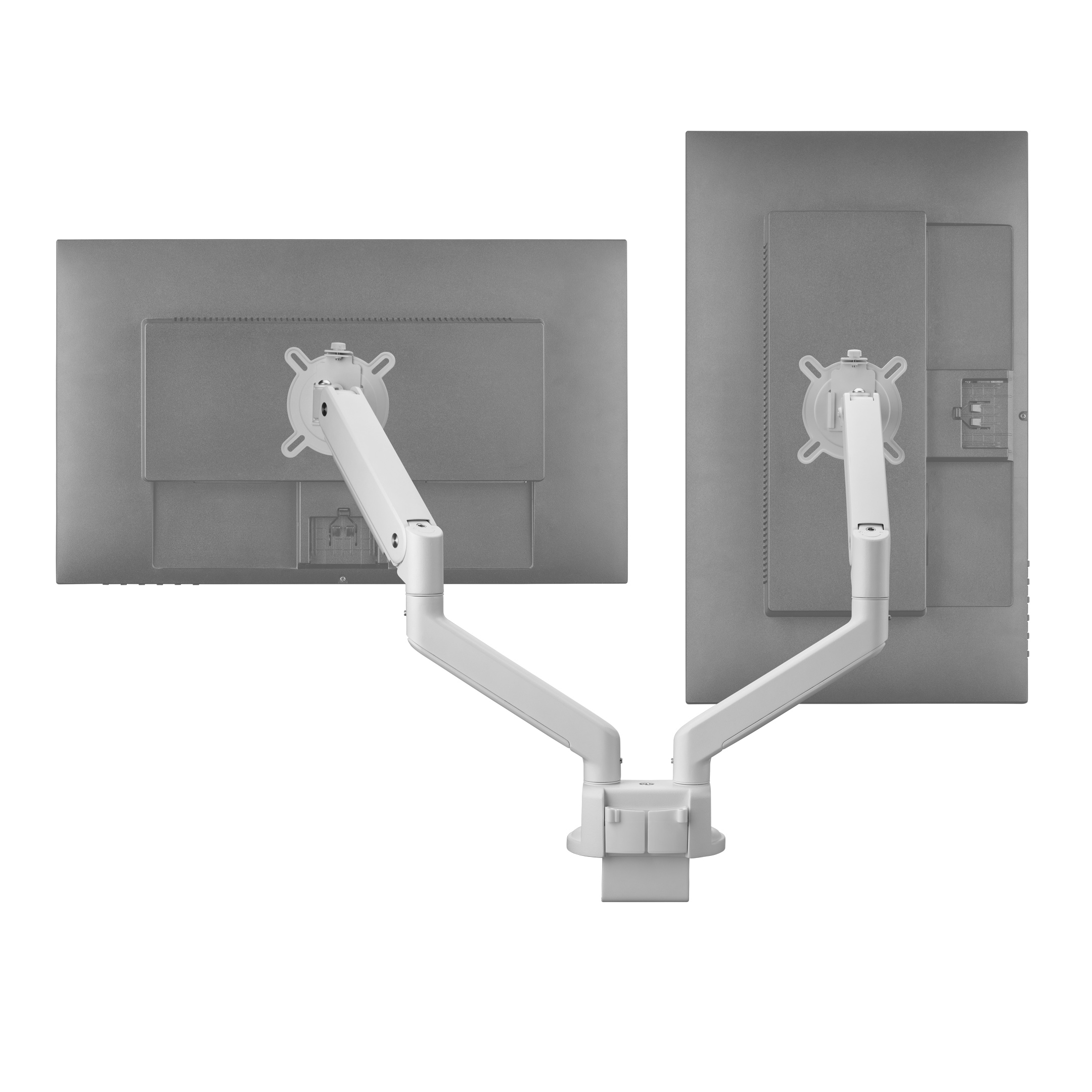 Dwa monitory komputerowe z widocznymi tyłami, zamontowane na białym, regulowanym ramieniu.