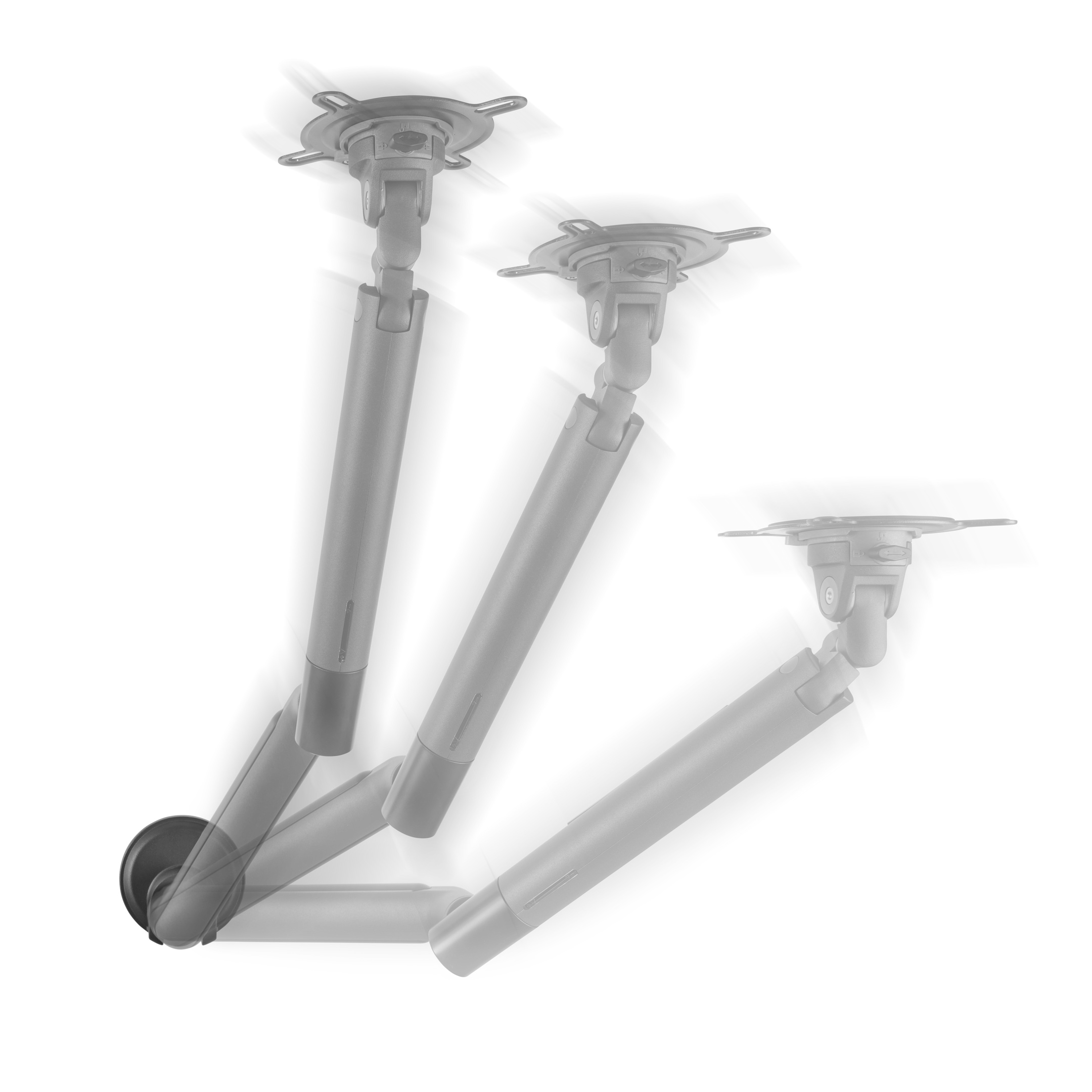 Een plafondbeugel voor een projector, getoond in meerdere posities, waardoor aanpassing mogelijk is.