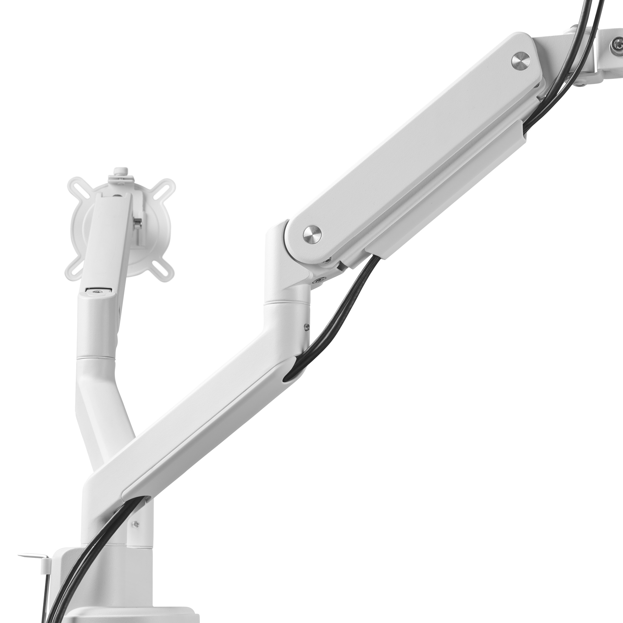 Witte monitorarm met zwarte kabels, verbonden met een houder. De arm heeft twee gewrichten.