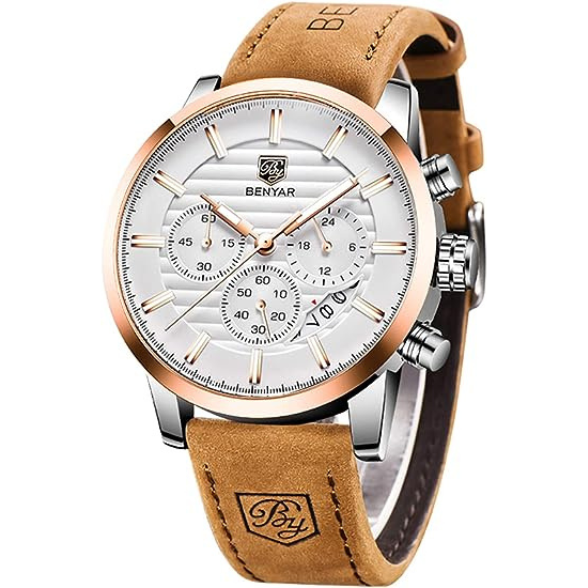 Eine Benyar-Uhr mit weißem Zifferblatt, roségoldener Lünette und braunem Lederarmband.